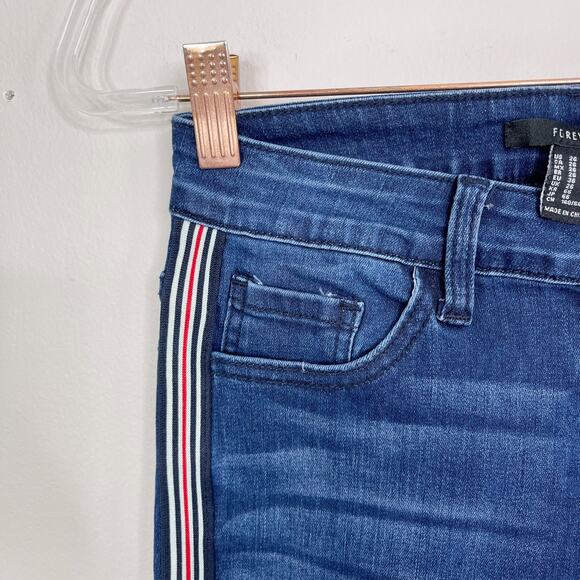 Forever 21 Side Stripe High Rise Skinny Jeans Size 26 Blue Red Black Stripe - Picture 4 of 11